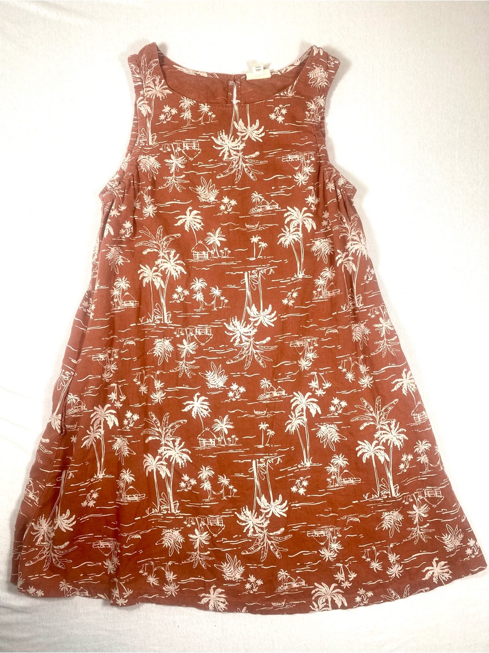 a.n.a Linen Blend Tropical Palm Print A-Line Sundress L Rust Brown
